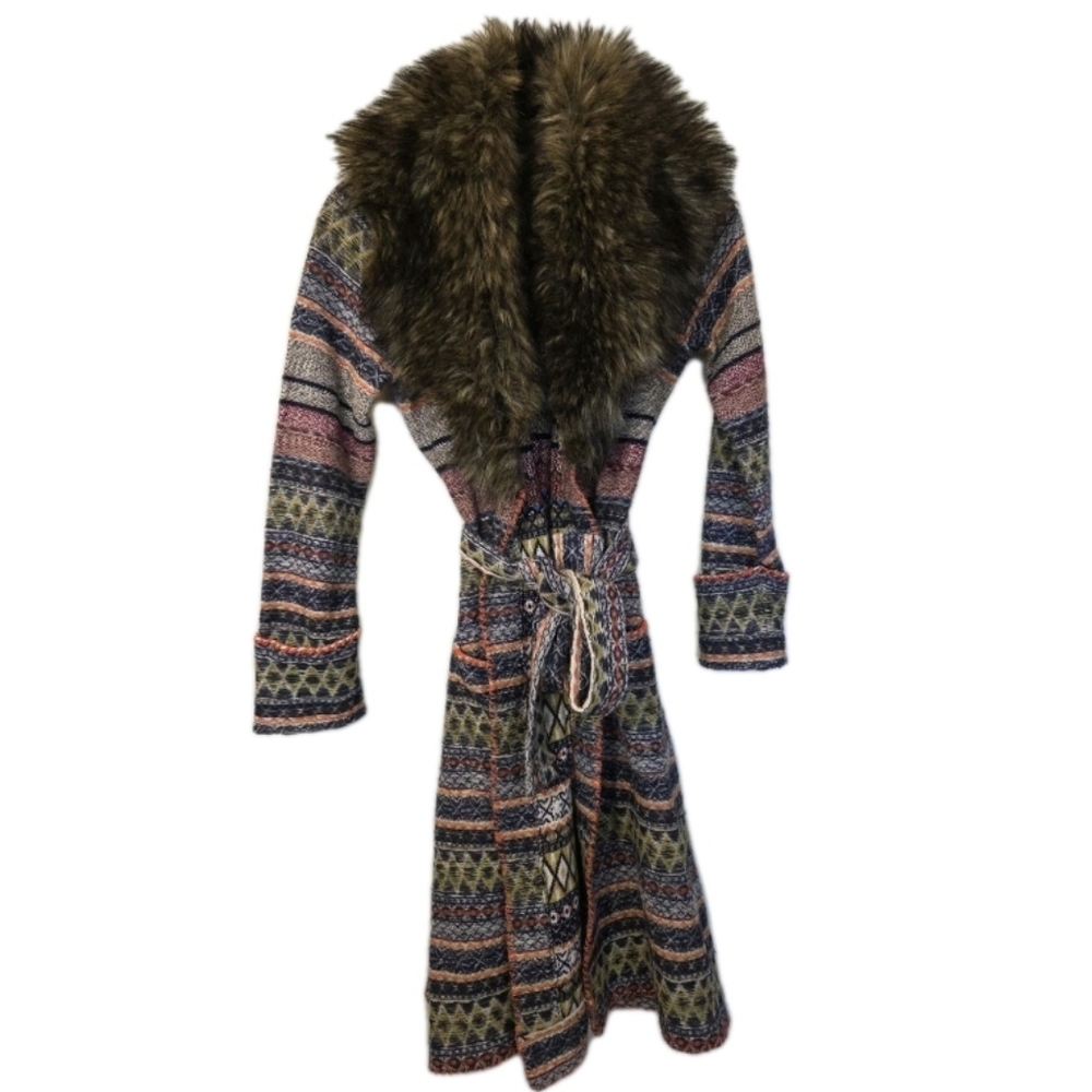 Anthro Angel of the North Faux Fur Collar Long Cardigan Lambswool Sweater XS - Picture 1 of 13